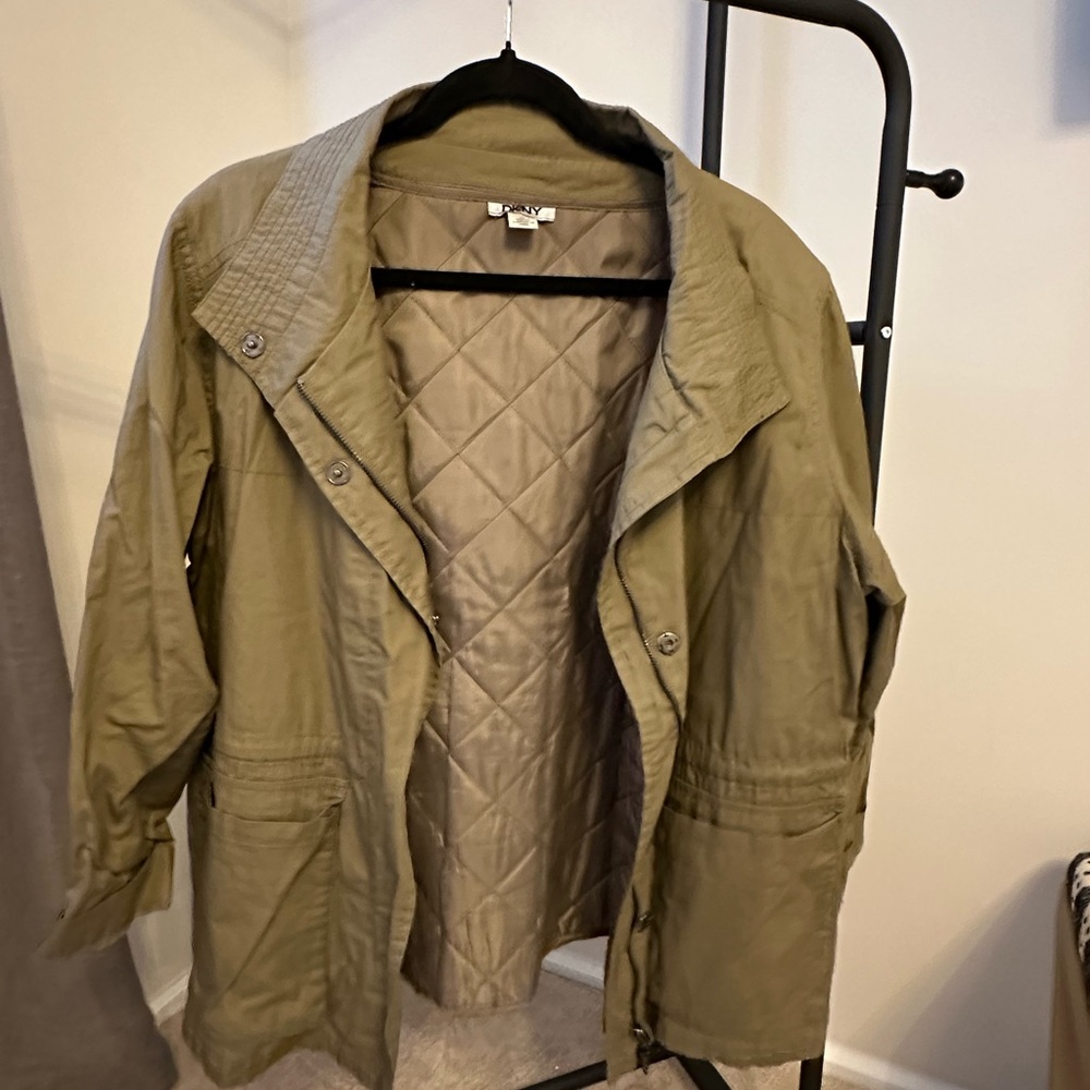 DNKY Olive Green Jacket w/Black Leather Sleeves XL
